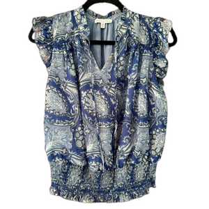Maison d’ Amelie Blue Floral/Paisley Ruffle Cap Sleeve Blouse- Small